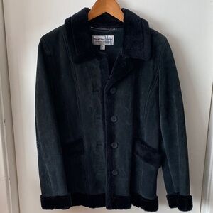 Vintage Weather Vane Black Leather Jacket with Fur Trim